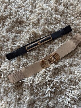 Set of Two Beige and Black Elastic Waist Belts with Gold Buckles